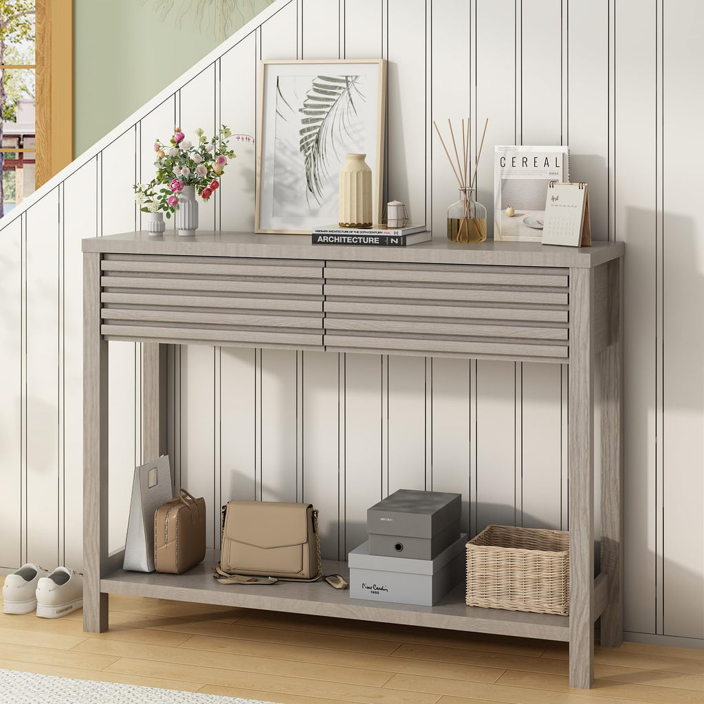 Oak Gray Fluted Console Table with Drawers E8962