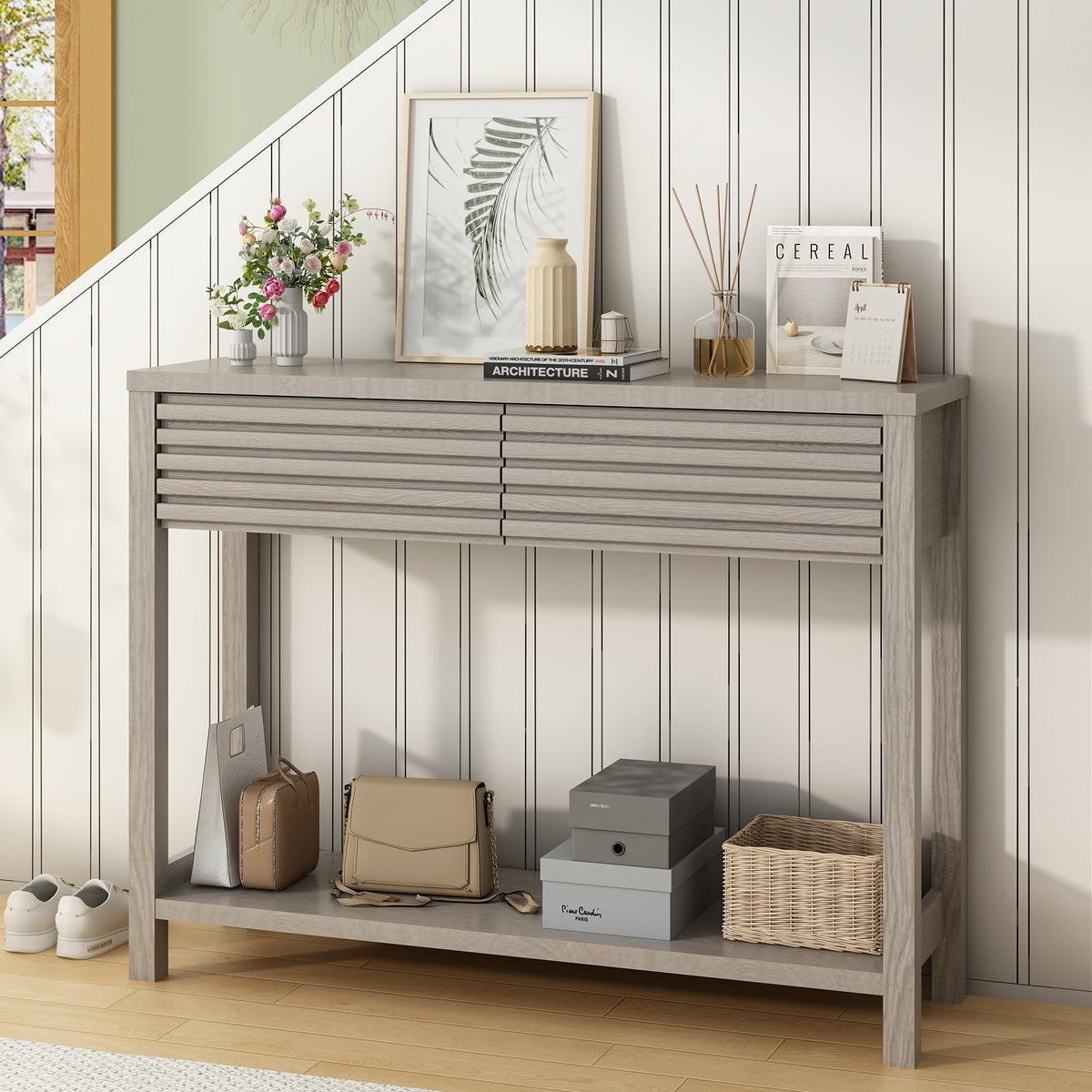 Oak Gray Fluted Console Table with Drawers E8962