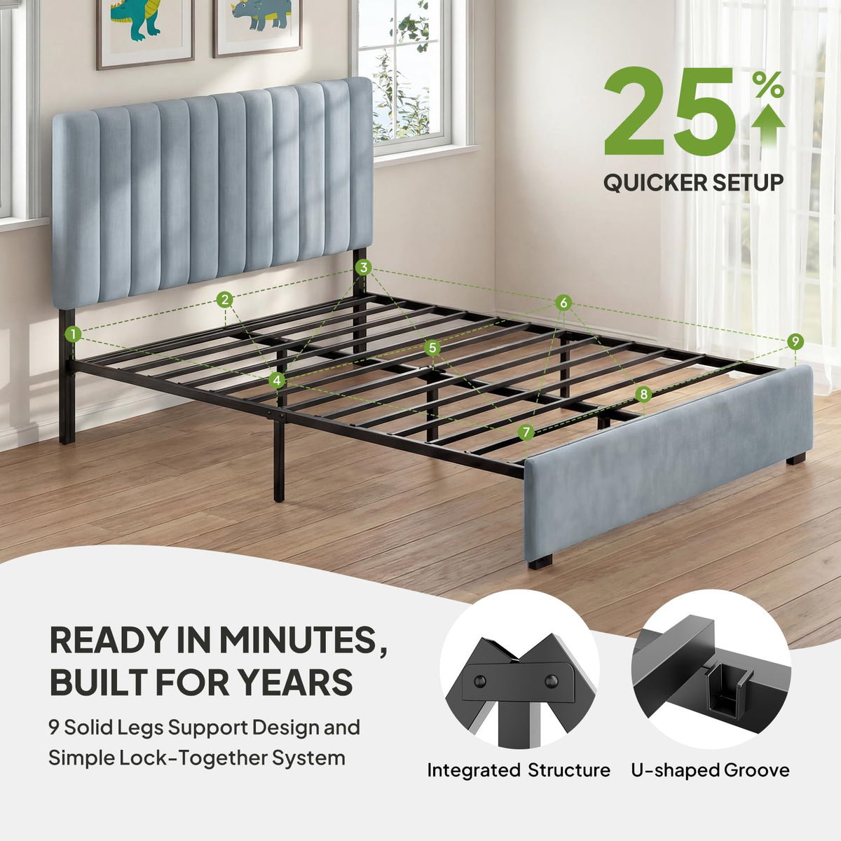 Full Size Blue Velvet Upholstered Bed Frame B80782