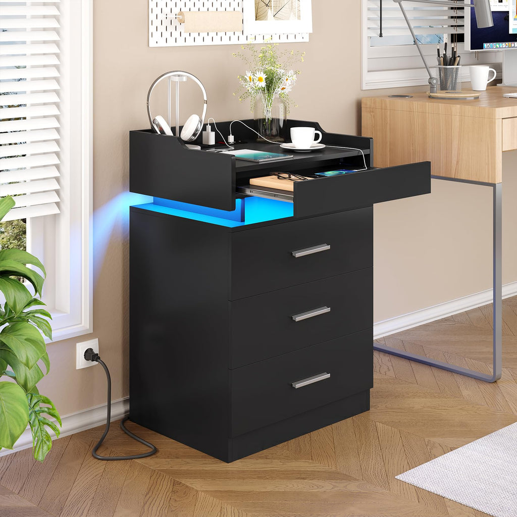 Black 3 Drawer Nightstand with Charging Station and LED Lights Z110064