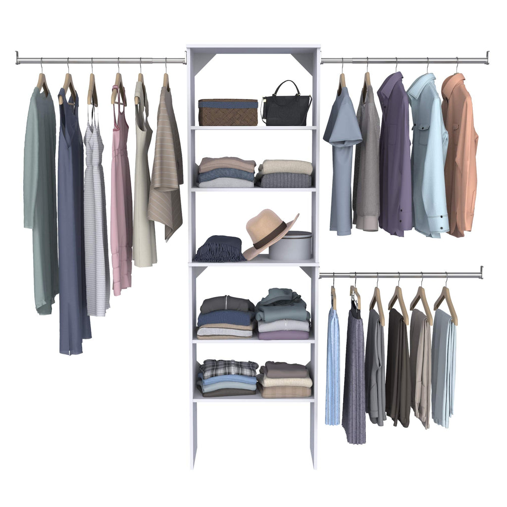 Wood Closet Organizer System with Tower and 3 Hang Rods and Shelving G1667