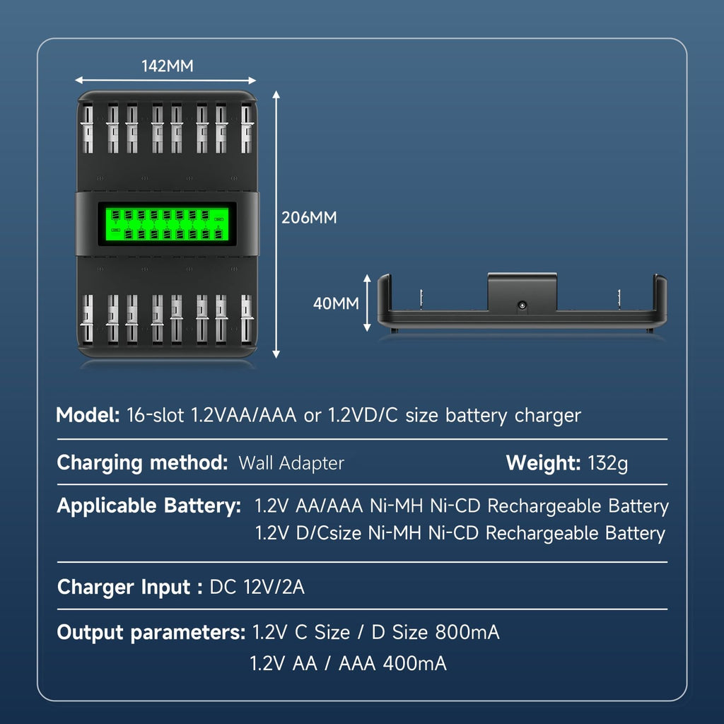 16 Bay Rechargeable Battery Charger with LCD Display V636