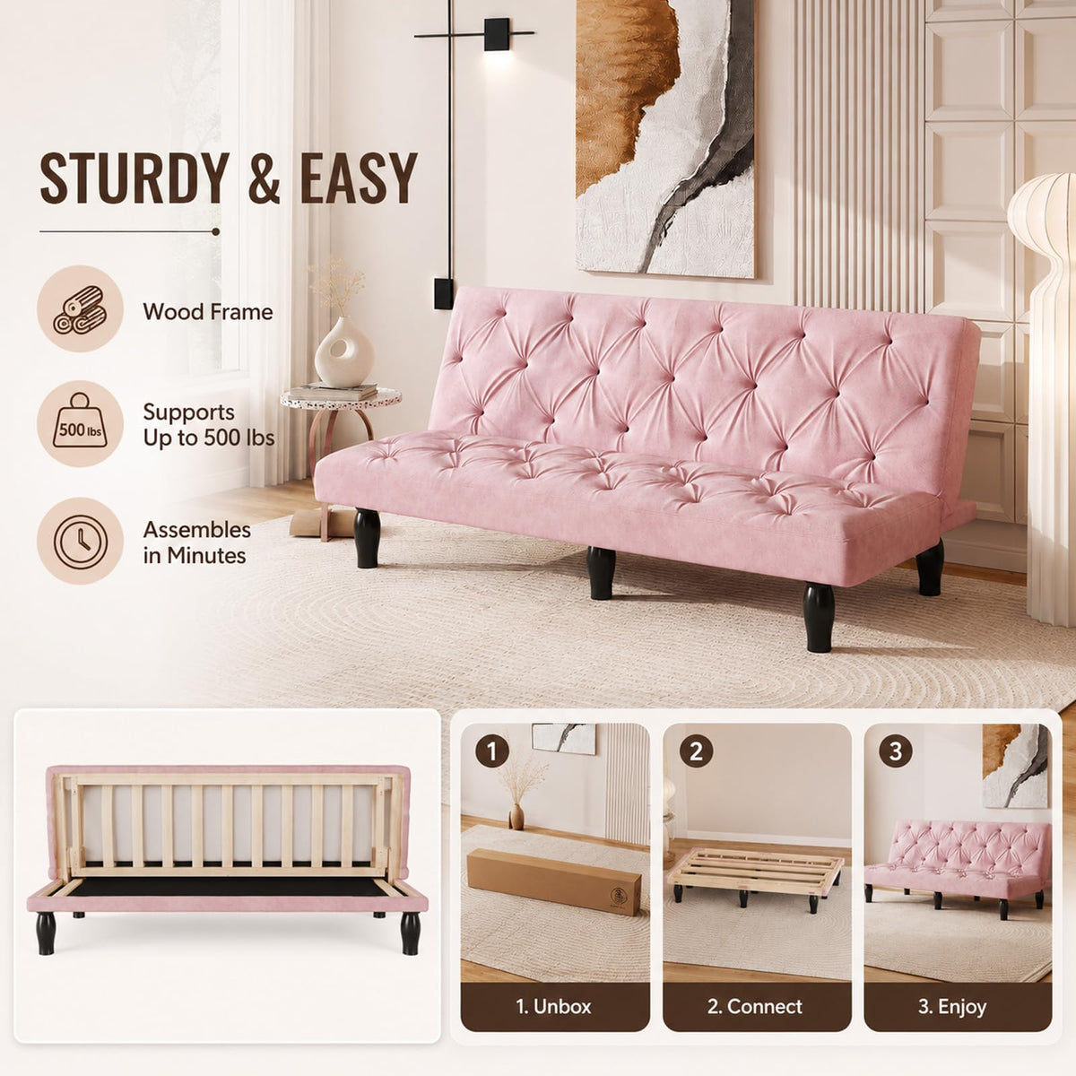 Pink Velvet Futon Sofa Bed P755