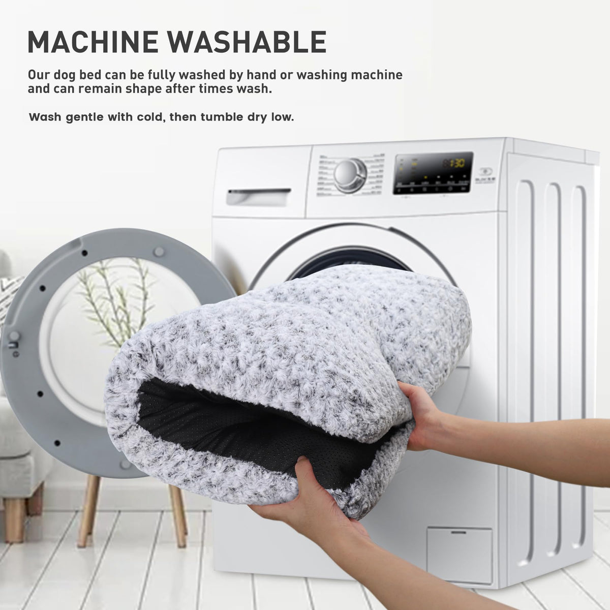 Washable Plush Dog Bed Medium 35"x23" Gray H824720