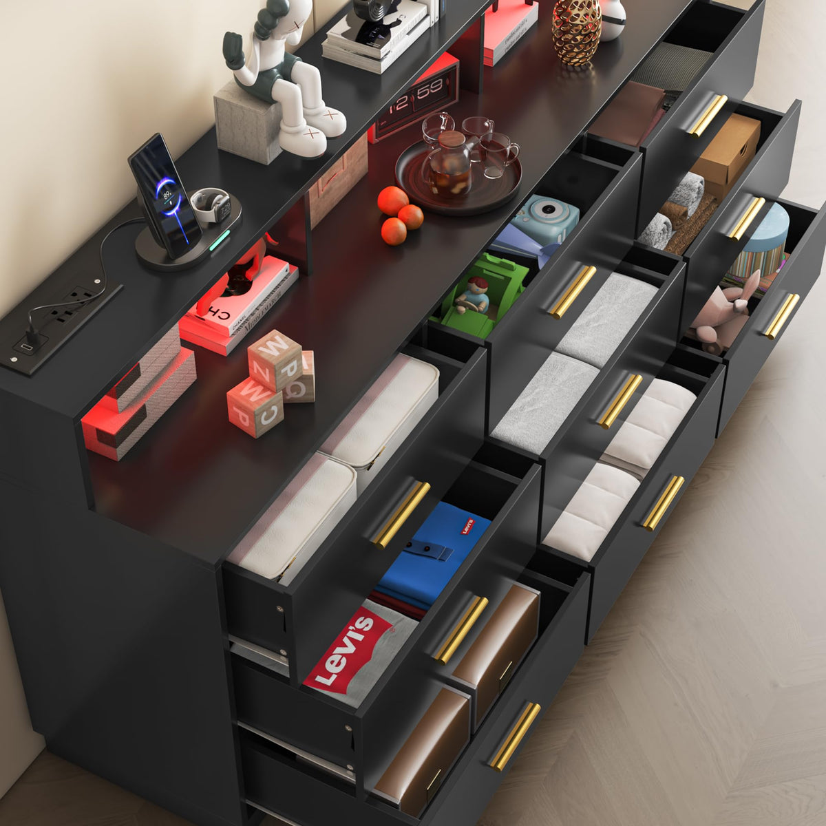 Black 9 Drawer Wood Dresser with LED Light and Power Outlet N458