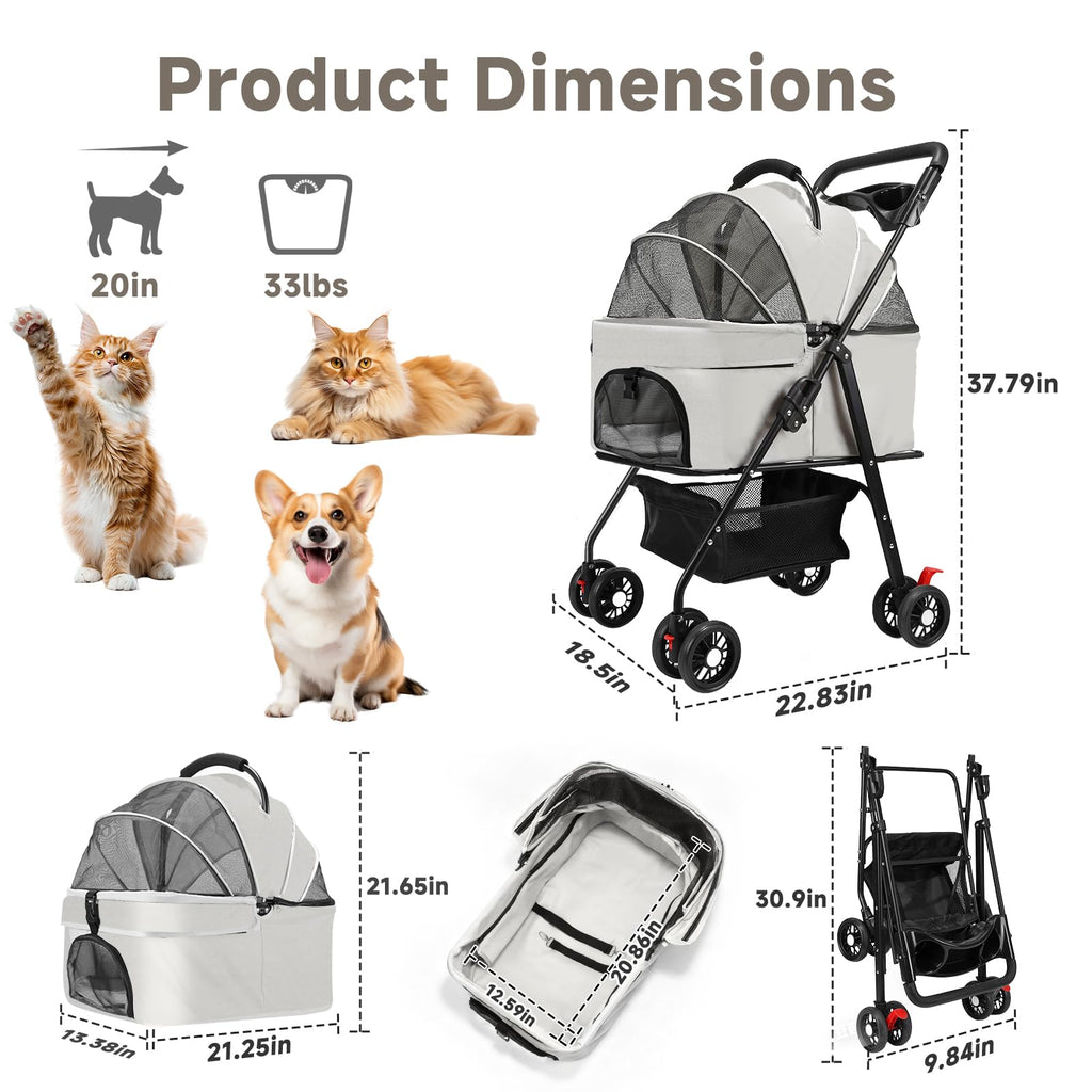 4 Wheels Foldable Pet Stroller with Detachable Carrier B3511