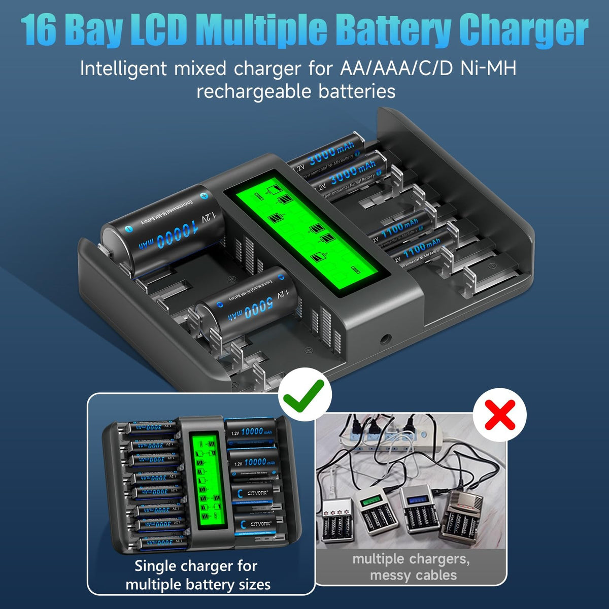 16 Bay Rechargeable Battery Charger with LCD Display V636