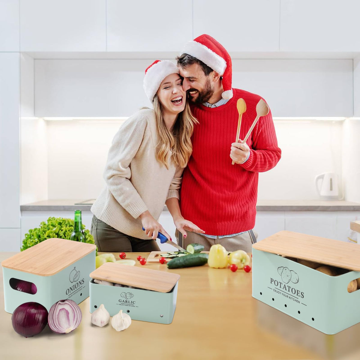 Metal Vegetable Storage Set of 3 with Aerating Holes and Bamboo Lid K1369