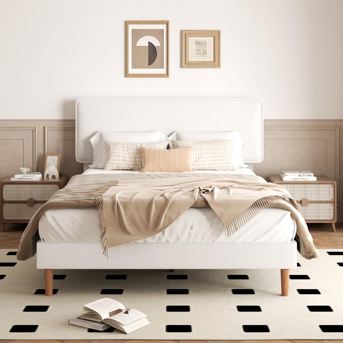 White Upholstered Bed Frame with Adjustable Headboard D65548