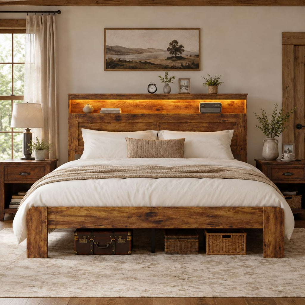 King Size Wooden Bed Frame with Storage Headboard U830843