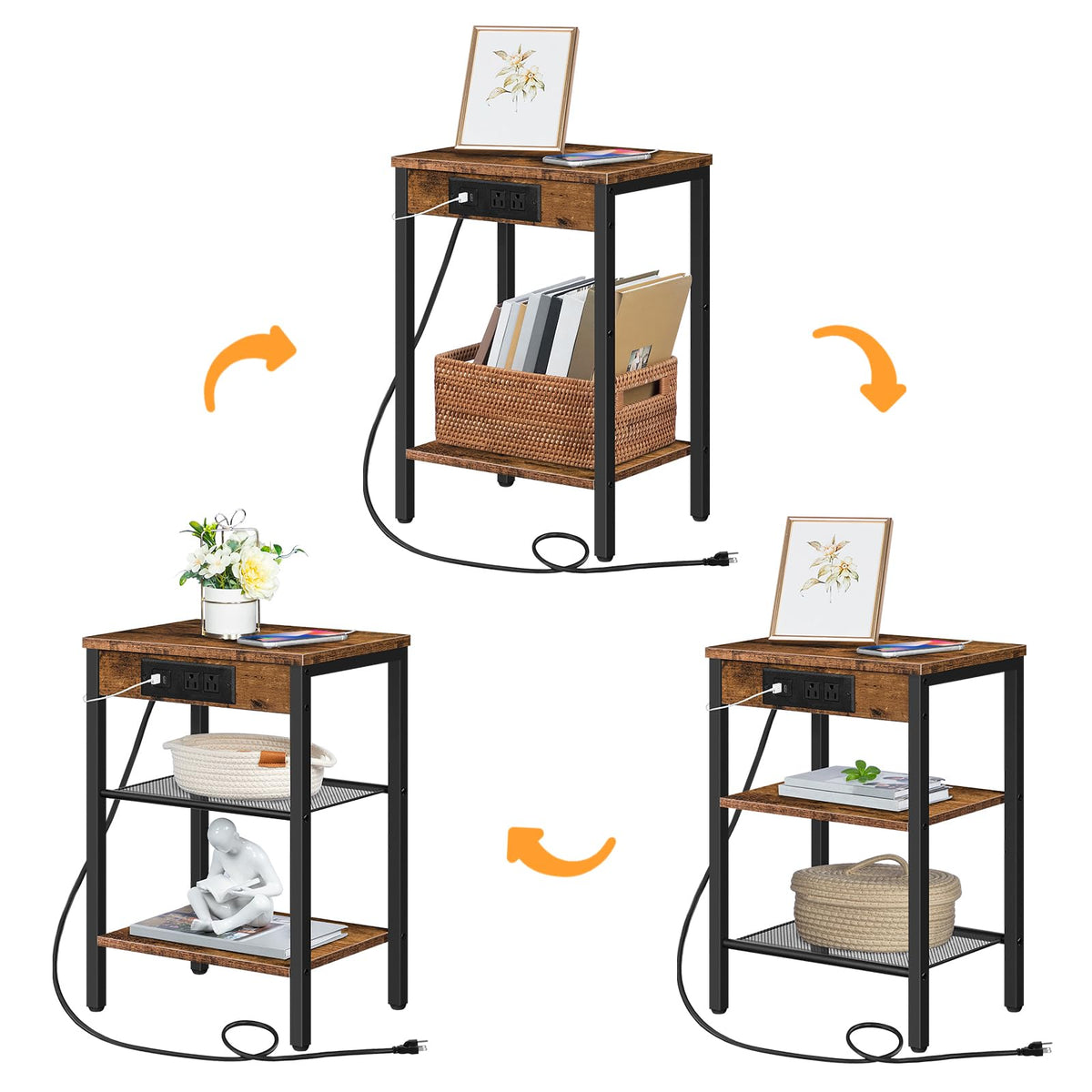 Side Table with Charging Station and USB Port, 3-Tier Nightstand with Adjustable Shelf, Rustic Brown G522