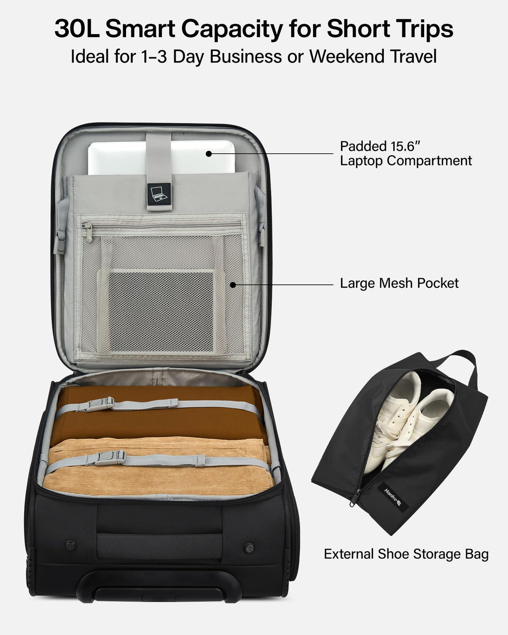 17 Inch Black Underseat Carry On Luggage with Wheels A737