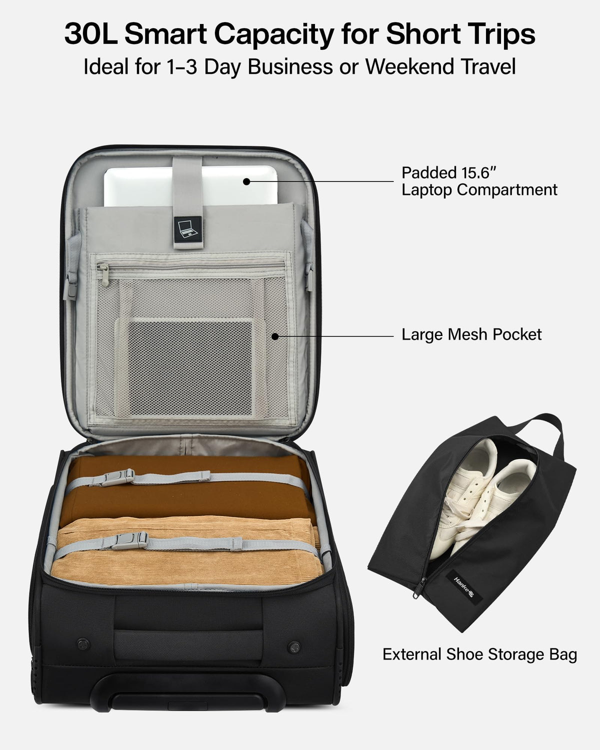 17 Inch Black Underseat Carry On Luggage with Wheels A737