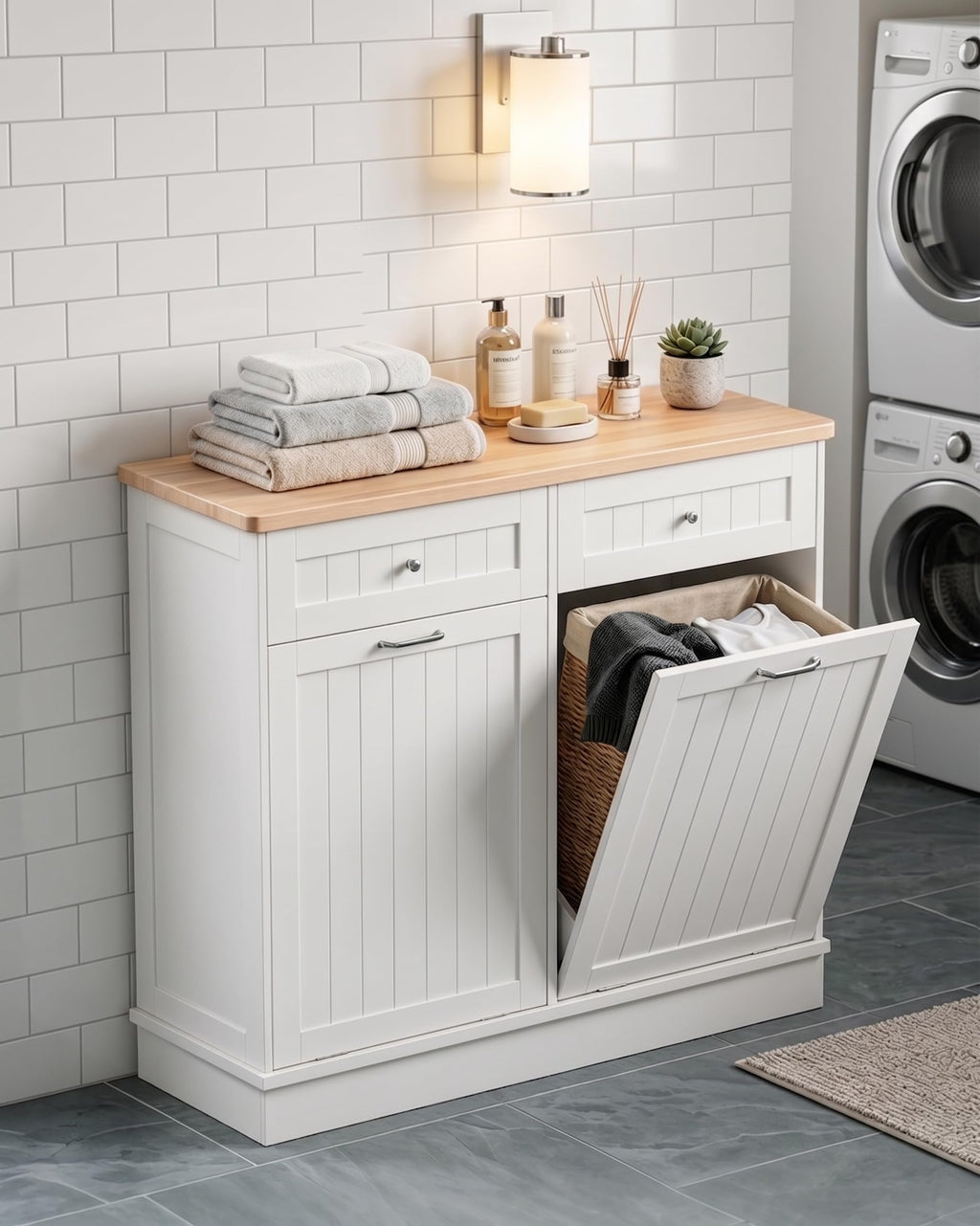 2 x 10 Gallon White Tilt Out Trash Cabinet with 2 Storage Drawer U3323