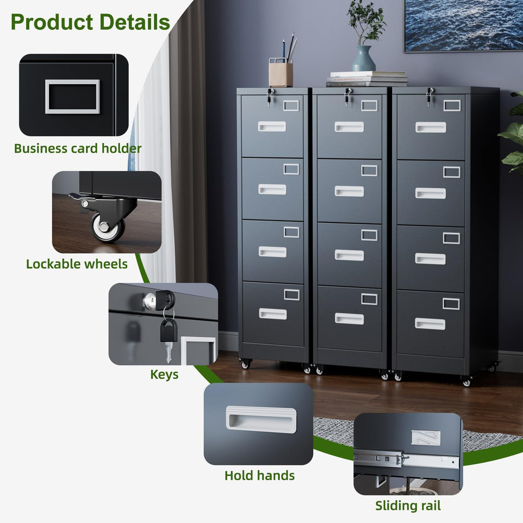 4 Drawer Black Metal File Cabinet with Lock and Wheels L787768