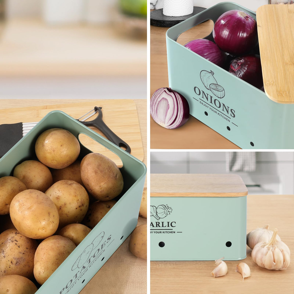 Metal Vegetable Storage Set of 3 with Aerating Holes and Bamboo Lid K1369