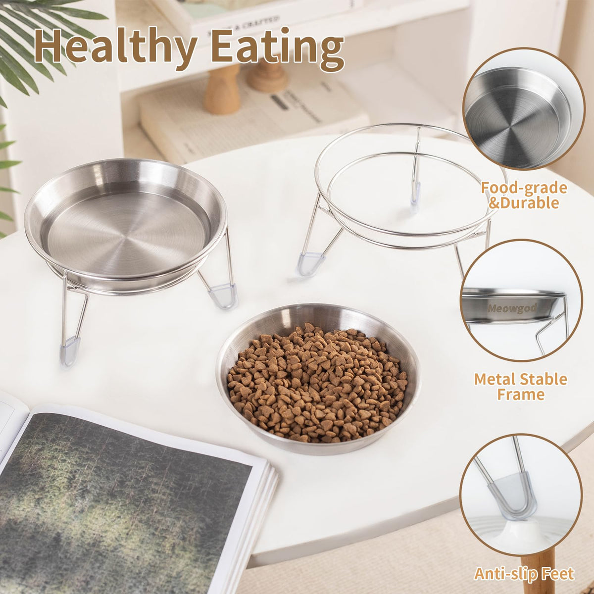 6.7" Elevated Stainless Steel Cat Bowls with Anti-Slip Stand W310
