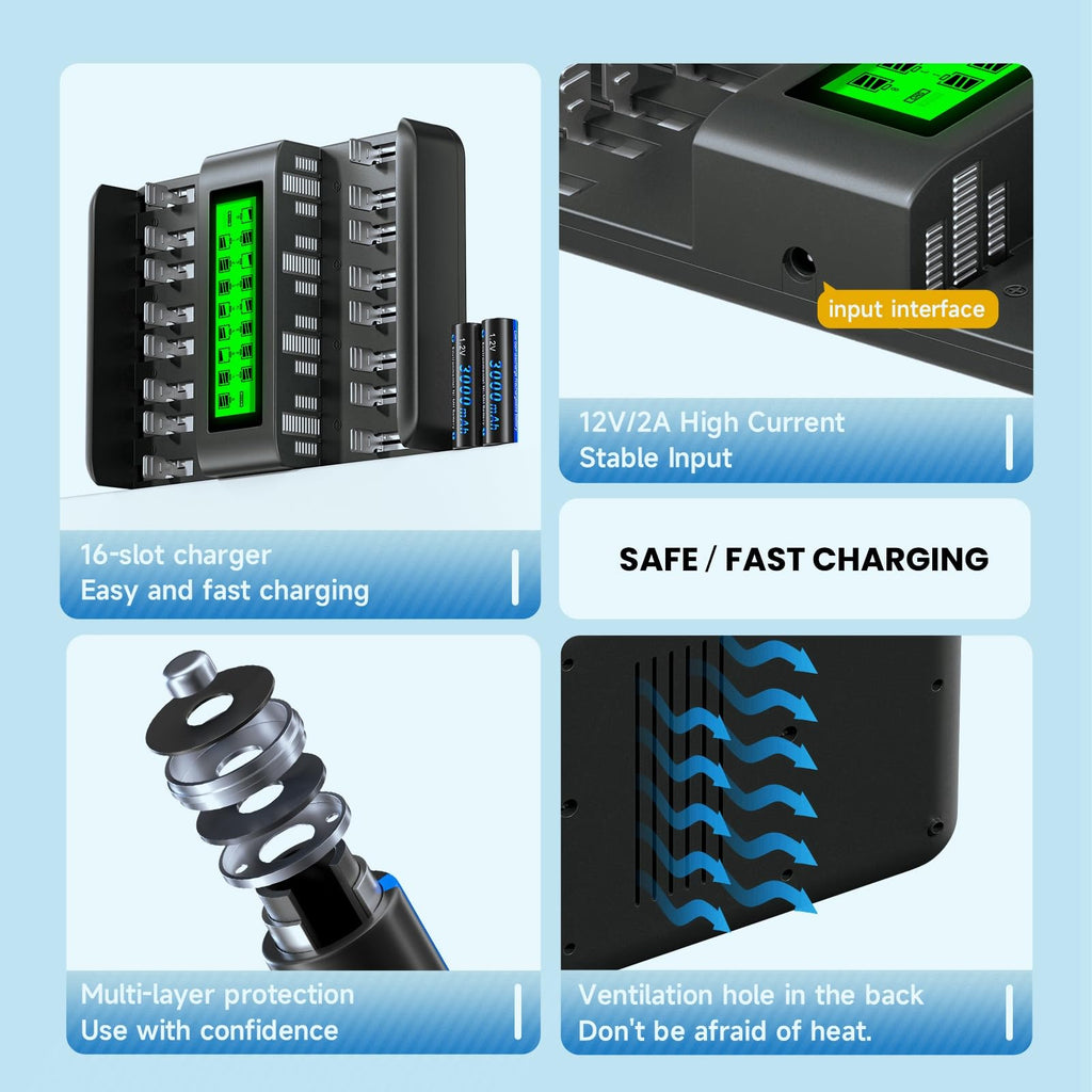16 Bay Rechargeable Battery Charger with LCD Display V636