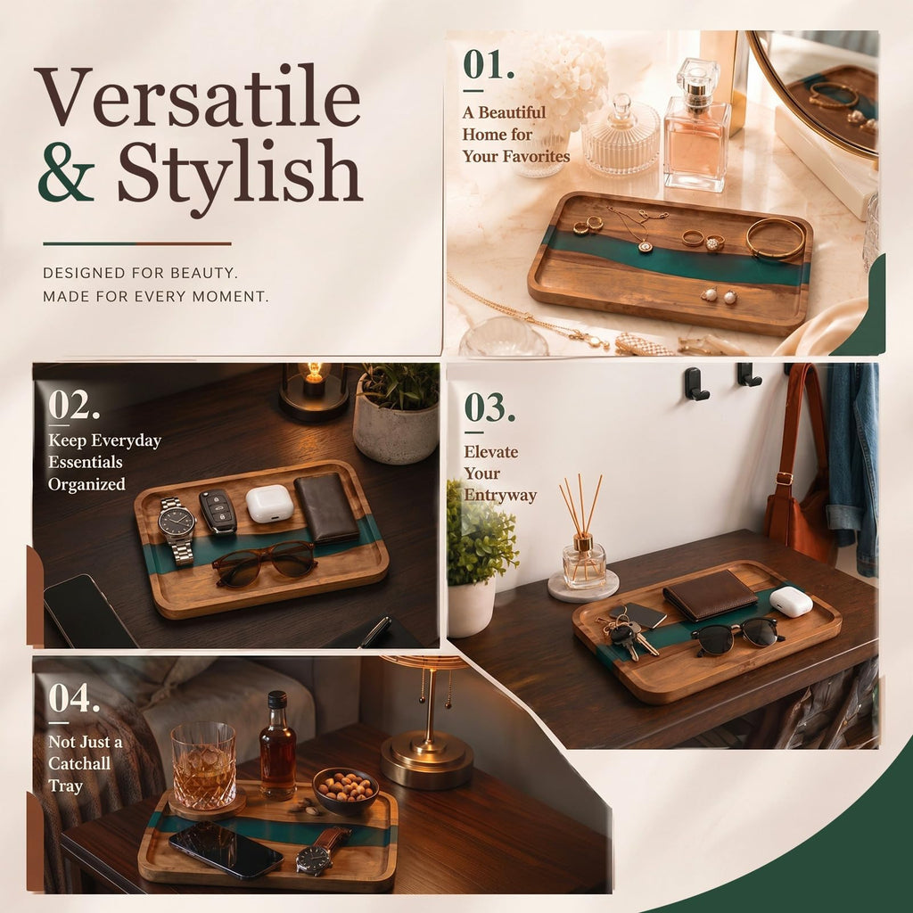 Turquoise Resin Acacia Wood Valet Tray F622