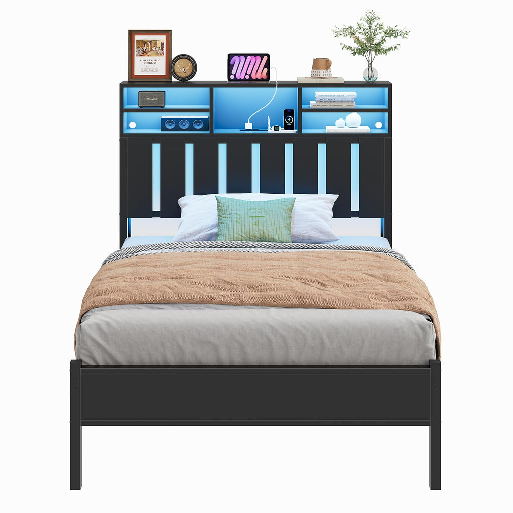 Twin Size Bed Frame with Storage Headboard and LED Lights H755