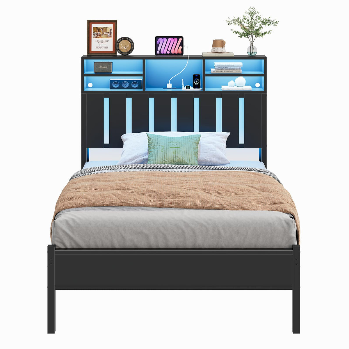 Twin Size Bed Frame with Storage Headboard and LED Lights H755