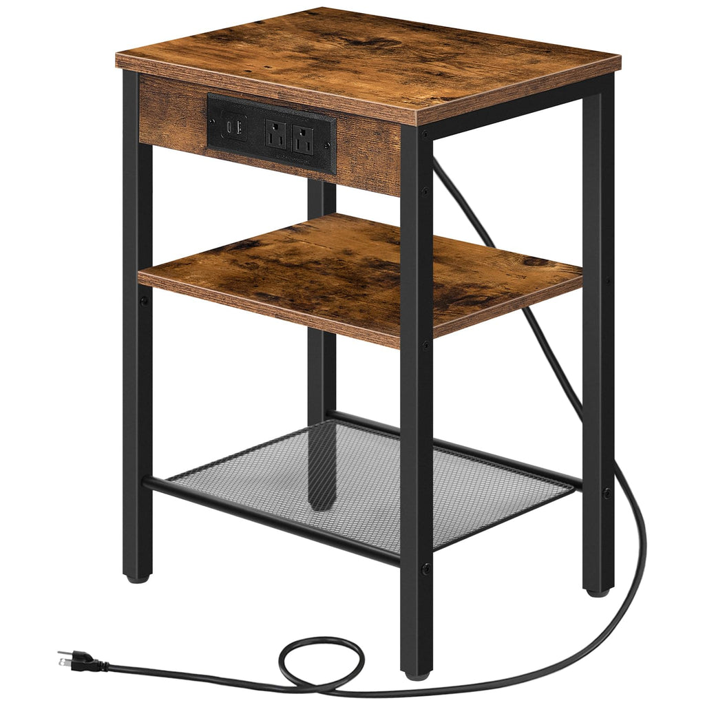 Side Table with Charging Station and USB Port, 3-Tier Nightstand with Adjustable Shelf, Rustic Brown G522