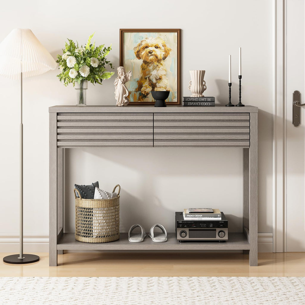 Oak Gray Fluted Console Table with Drawers E8962