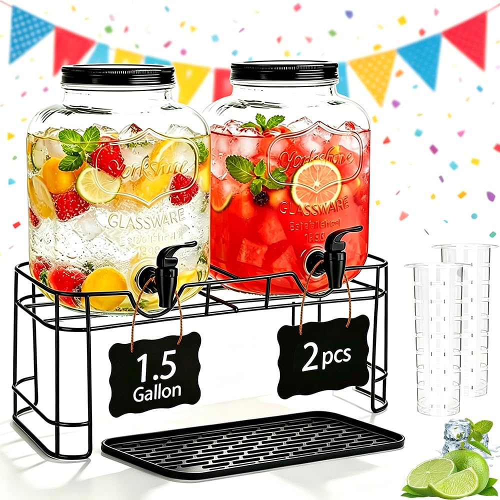 2 Pack 1.5 Gallon Glass Beverage Dispenser with Stand K5370