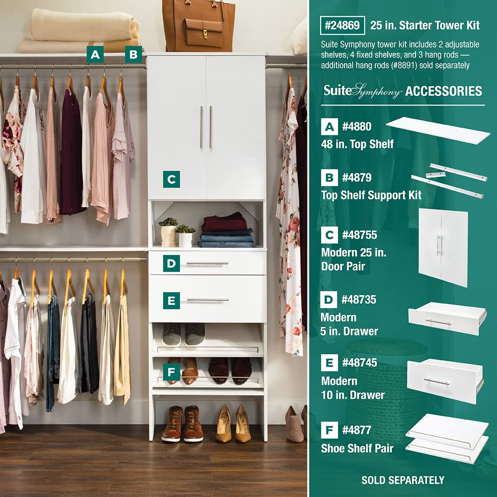 Wood Closet Organizer System with Tower and 3 Hang Rods and Shelving G1667
