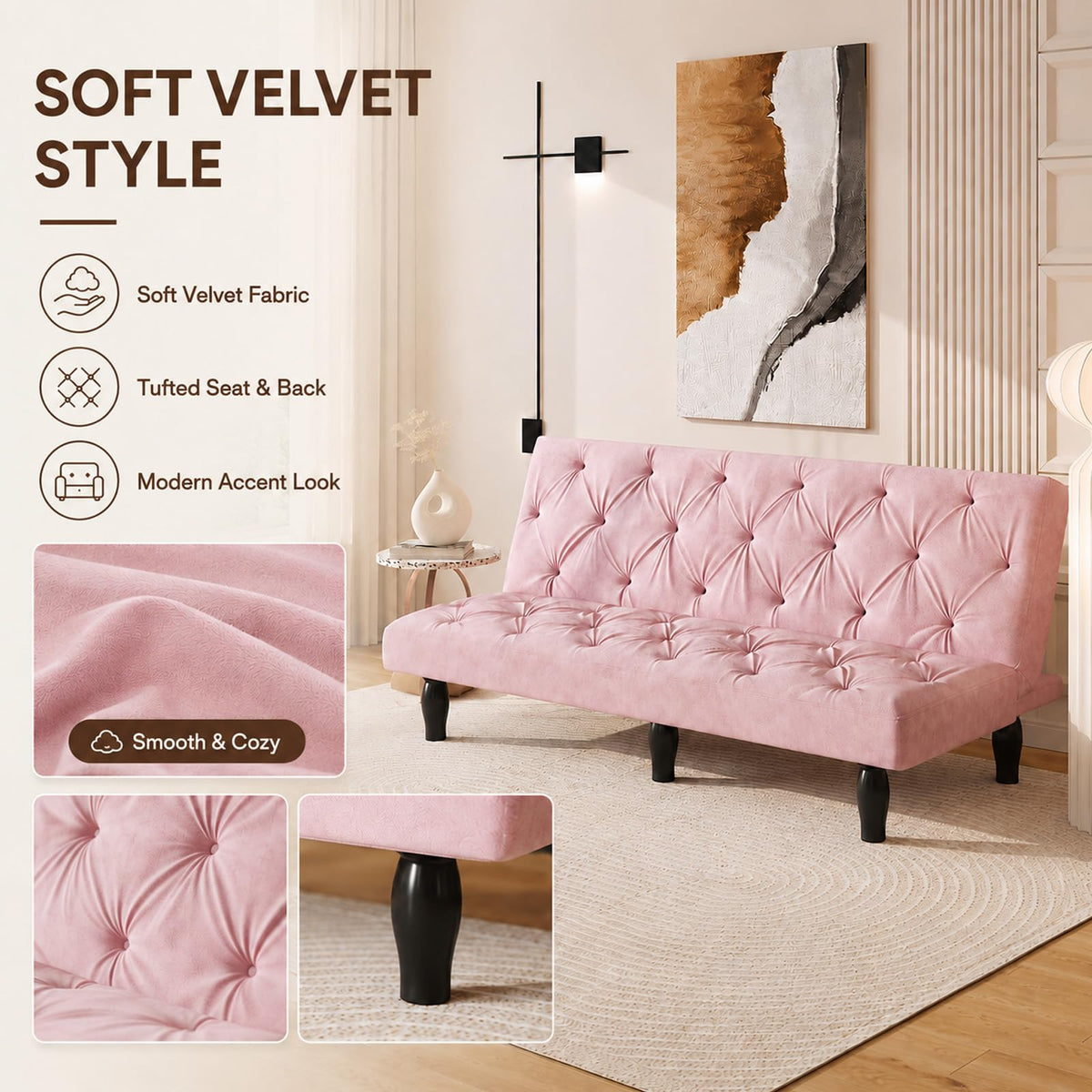Pink Velvet Futon Sofa Bed P755