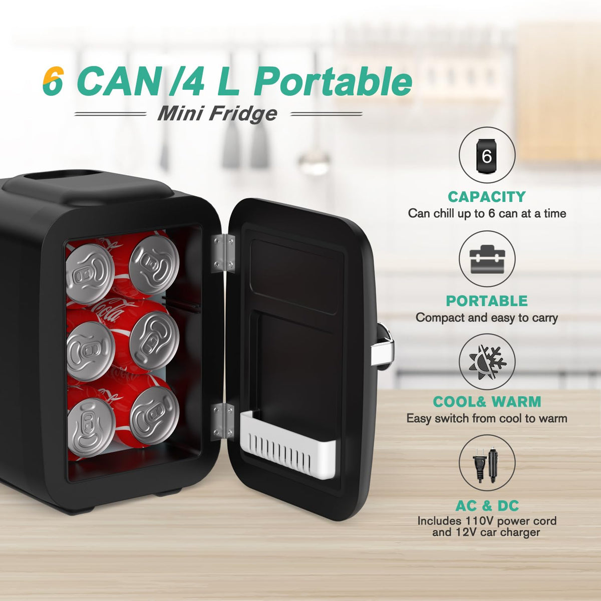 4 Liter 6 Can Portable Cooler and Warmer Mini Fridge E5290
