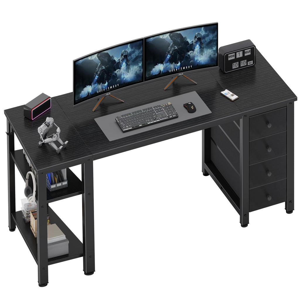 Black 55 inch Gaming Desk with 4 Drawers and Shelves E442