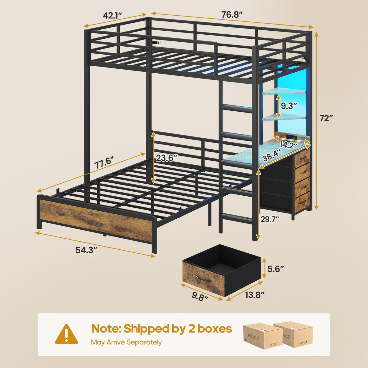 Twin Over Full Bunk Bed with Desk & 4 Storage Drawers, Black X1954