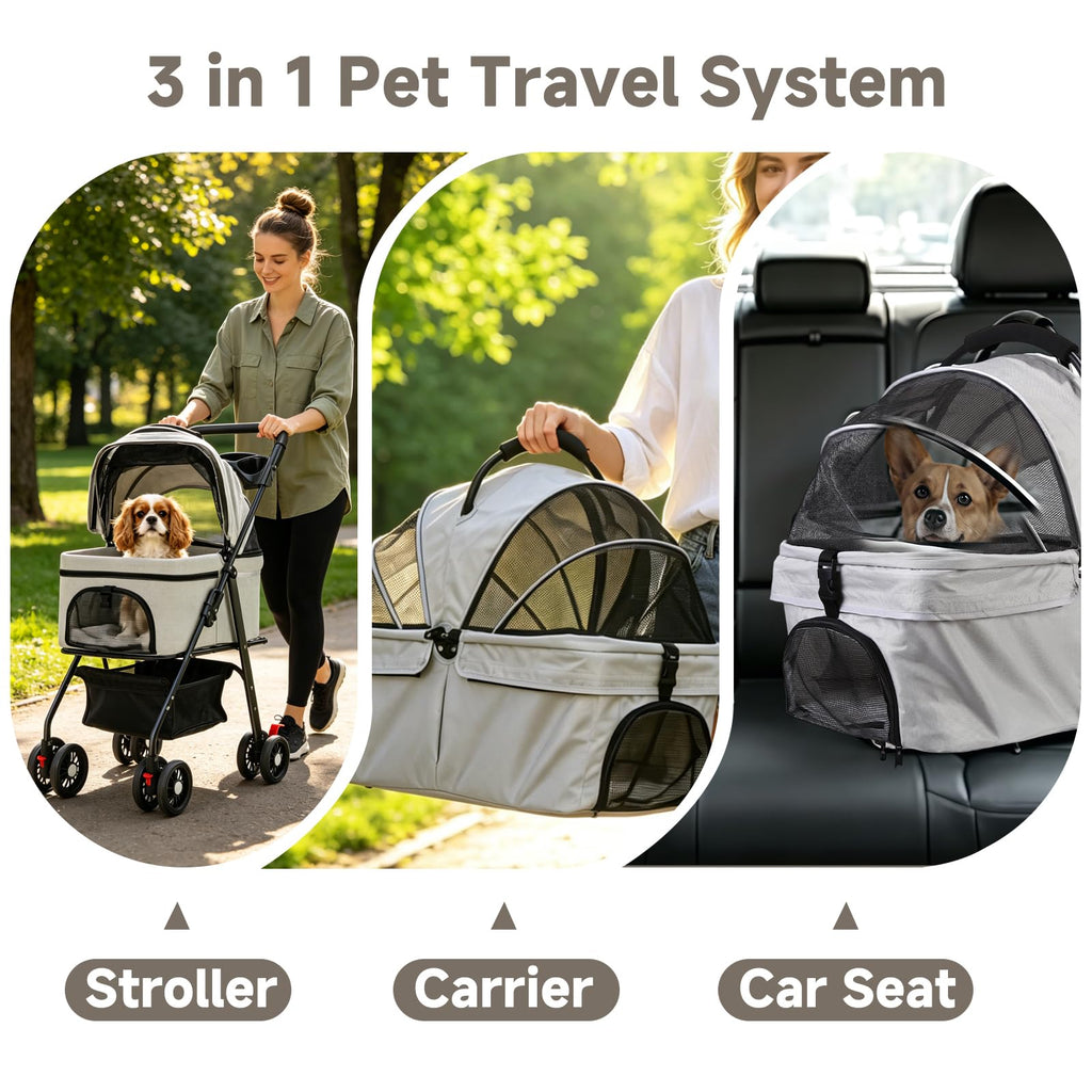 4 Wheels Foldable Pet Stroller with Detachable Carrier B3511