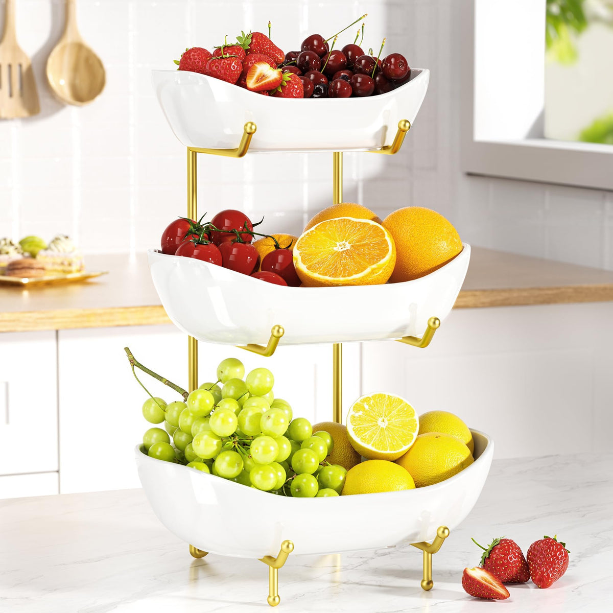 3 Tier Ceramic Fruit Bowl with Metal Stand P4817