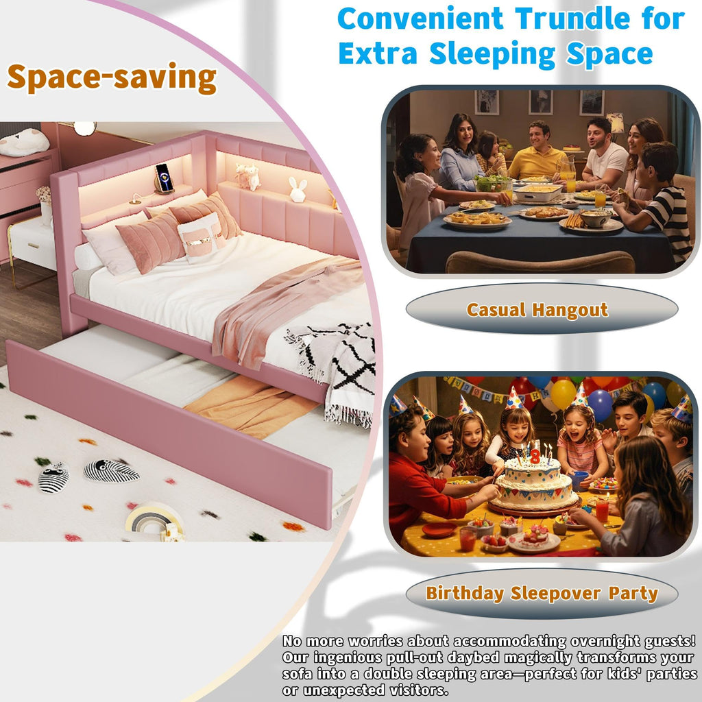 Twin Size Linen Fabric Daybed with Trundle and USB Ports J211