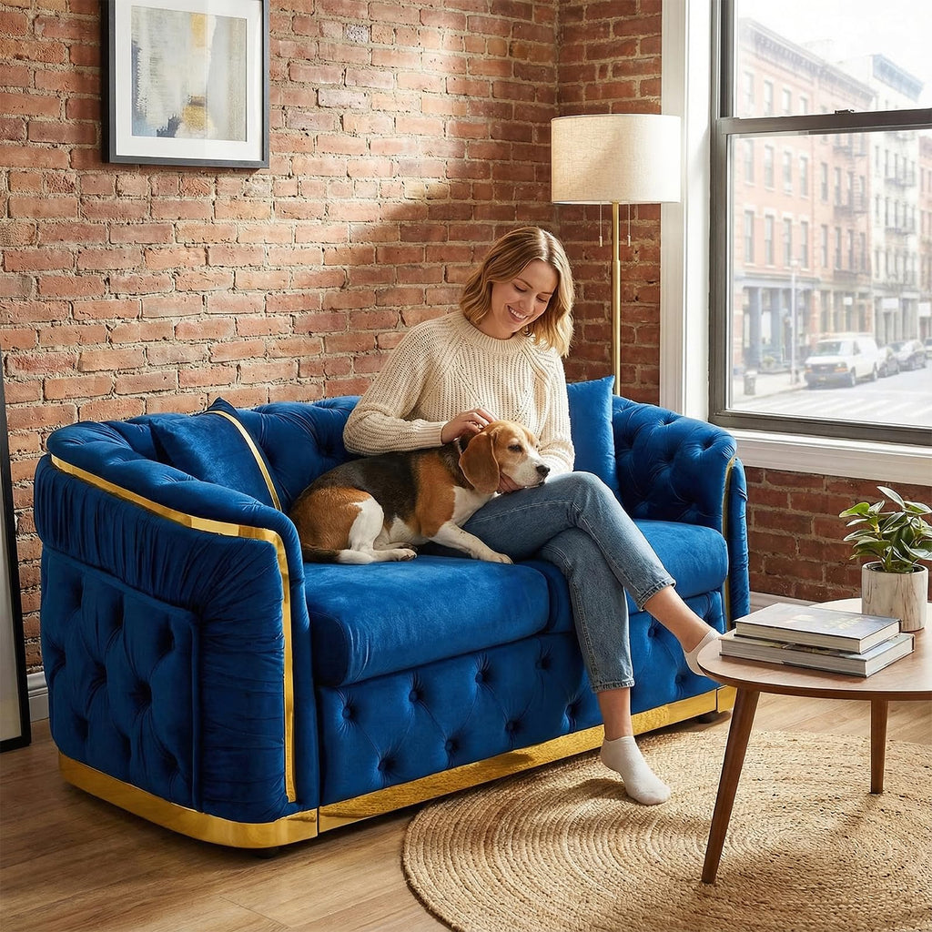 Blue and Gold Velvet Button Tufted Loveseat Sofa L467517