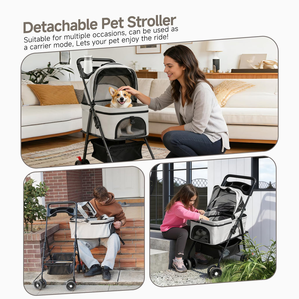 4 Wheels Foldable Pet Stroller with Detachable Carrier B3511