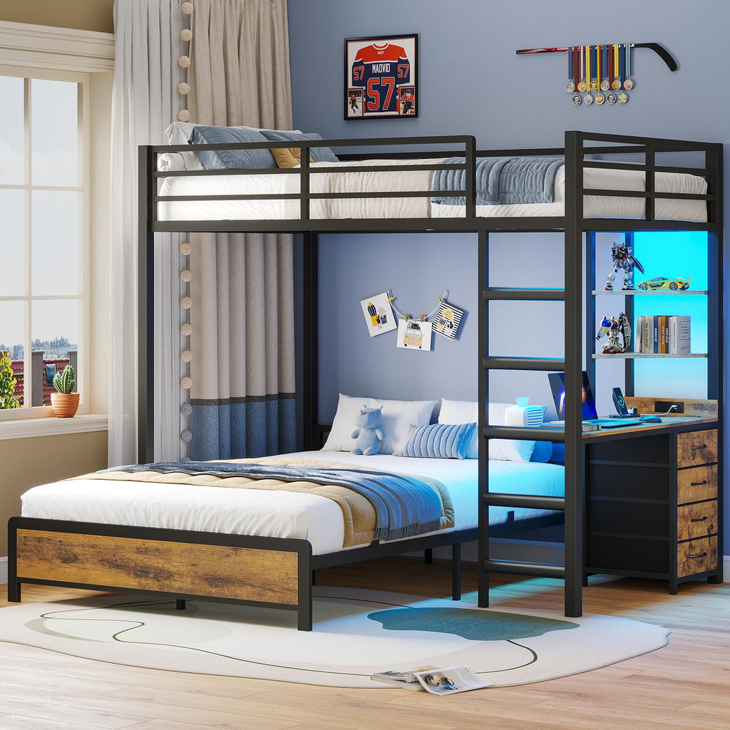 Twin Over Full Bunk Bed with Desk & 4 Storage Drawers, Black X1954