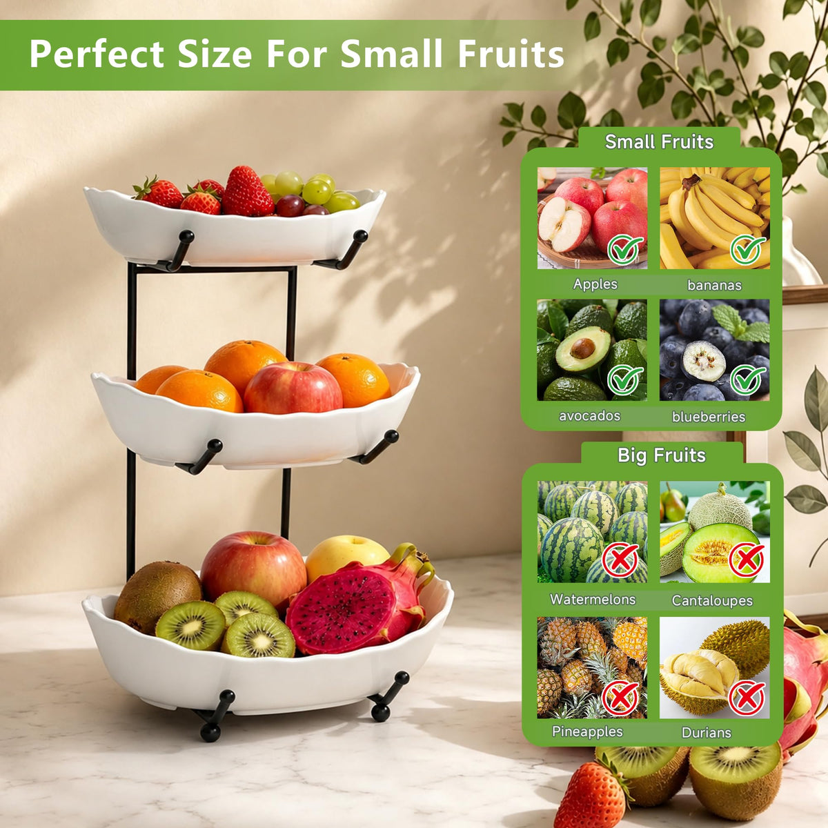 3 Tier Ceramic Fruit Bowl with Metal Stand I5094
