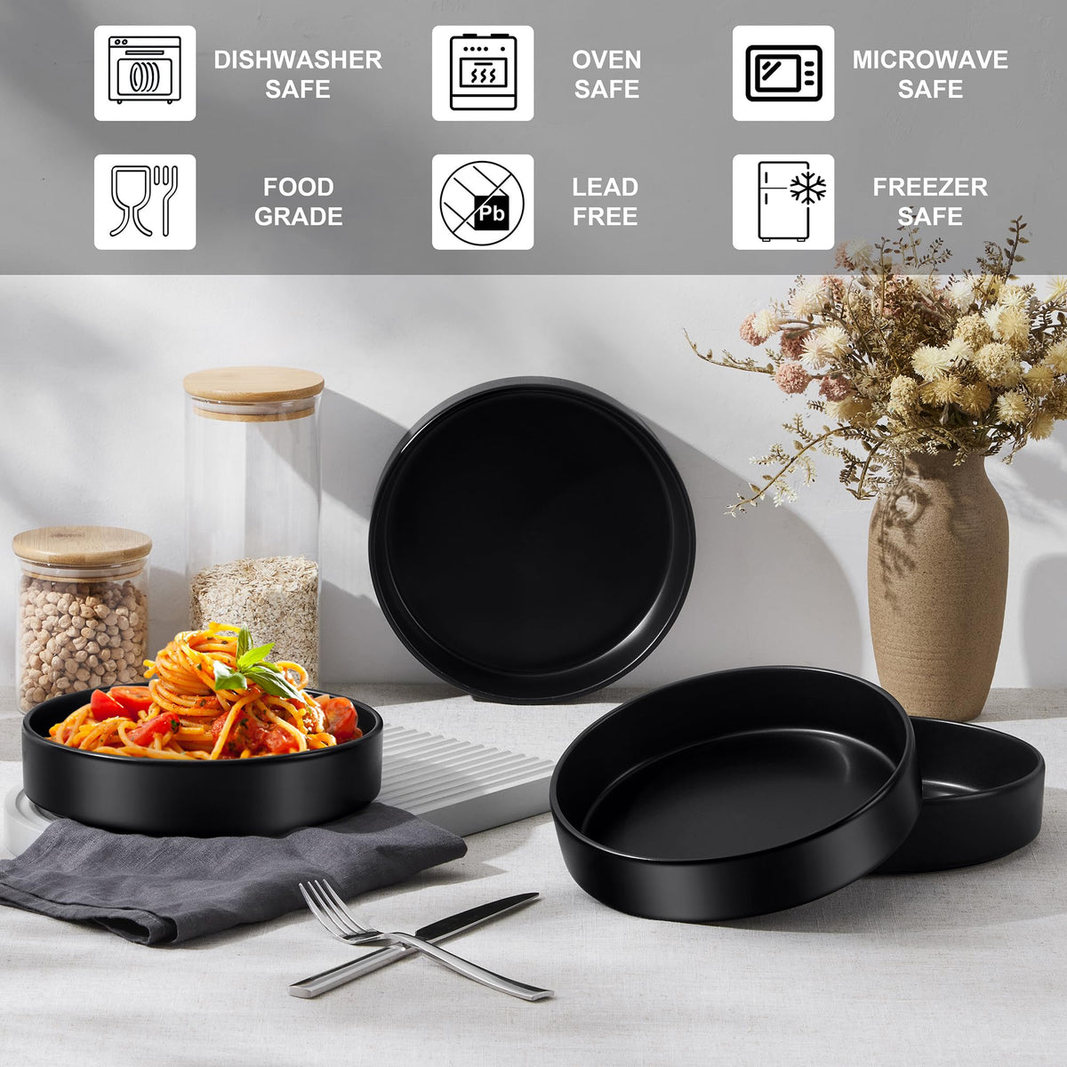 Black Ceramic Pasta Bowls Set of 4 E645240