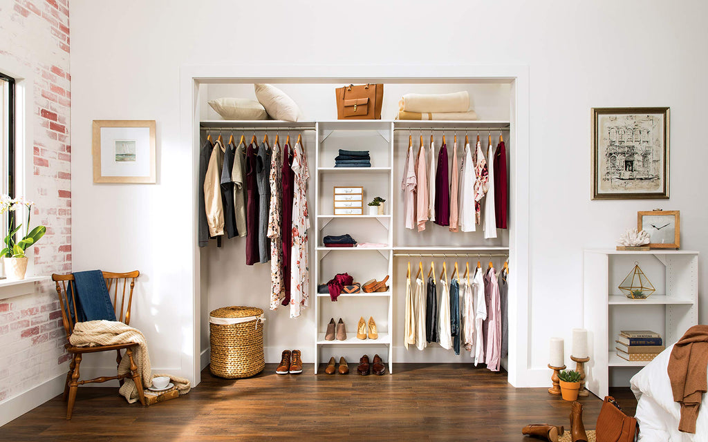 Wood Closet Organizer System with Tower and 3 Hang Rods and Shelving G1667