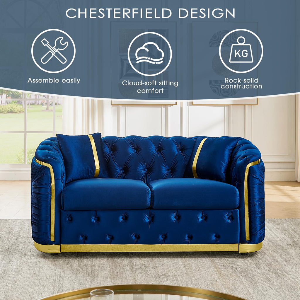 Blue and Gold Velvet Button Tufted Loveseat Sofa L467517