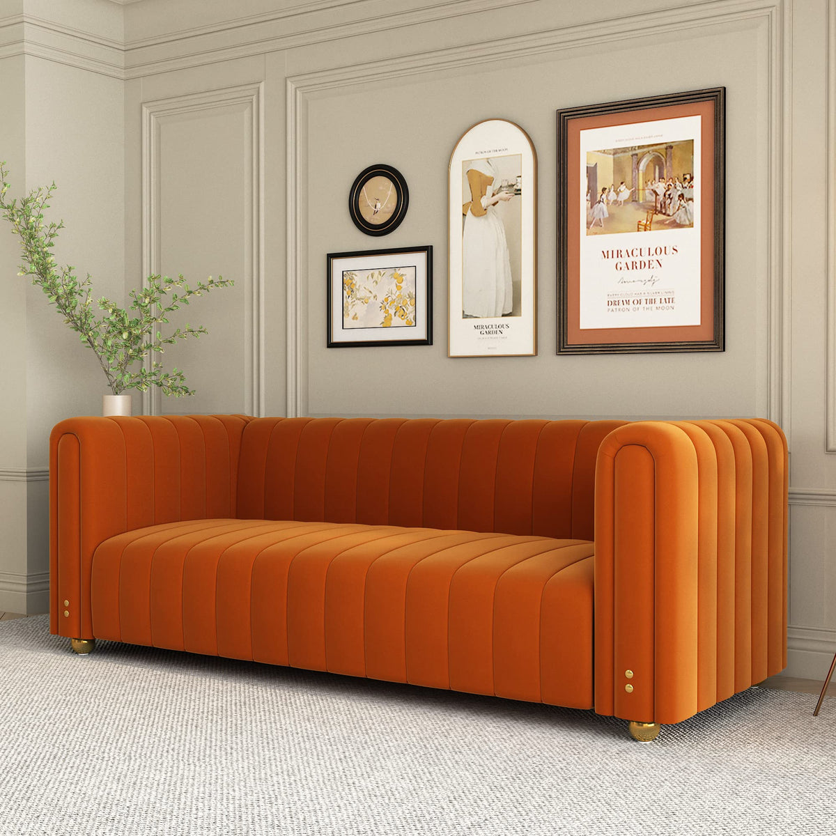 Orange Velvet 3 Seat Tufted Sofa H700