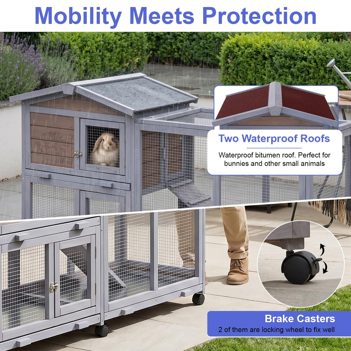 Wooden Rabbit Hutch with Casters and Tray P53564