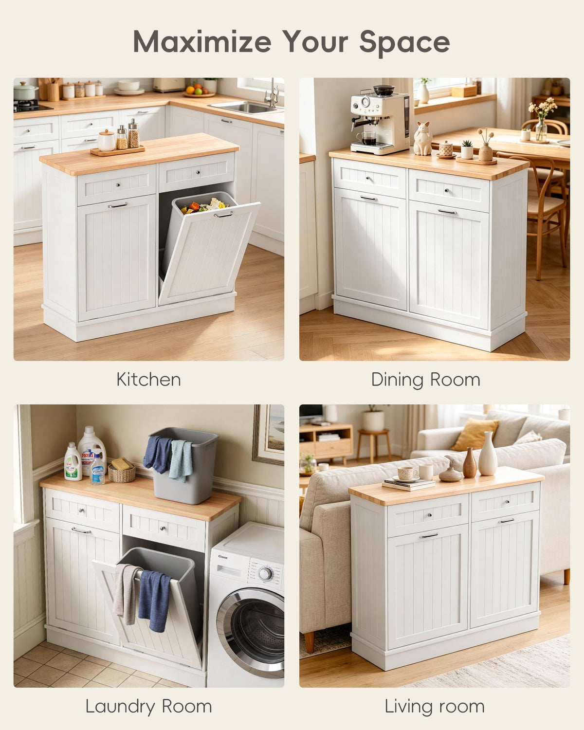 2 x 10 Gallon White Tilt Out Trash Cabinet with 2 Storage Drawer U3323