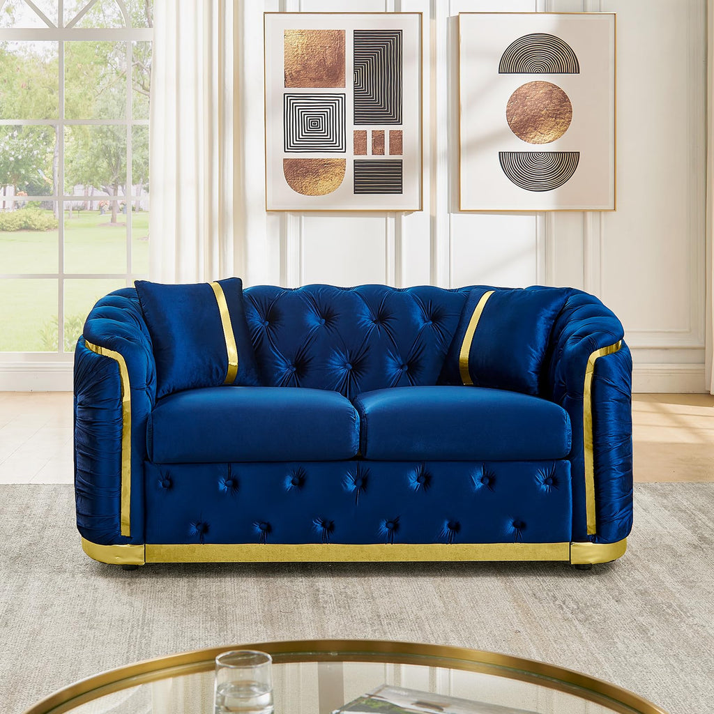 Blue and Gold Velvet Button Tufted Loveseat Sofa L467517