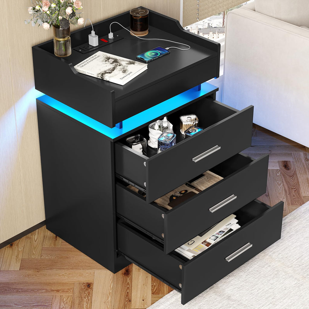 Black 3 Drawer Nightstand with Charging Station and LED Lights Z110064