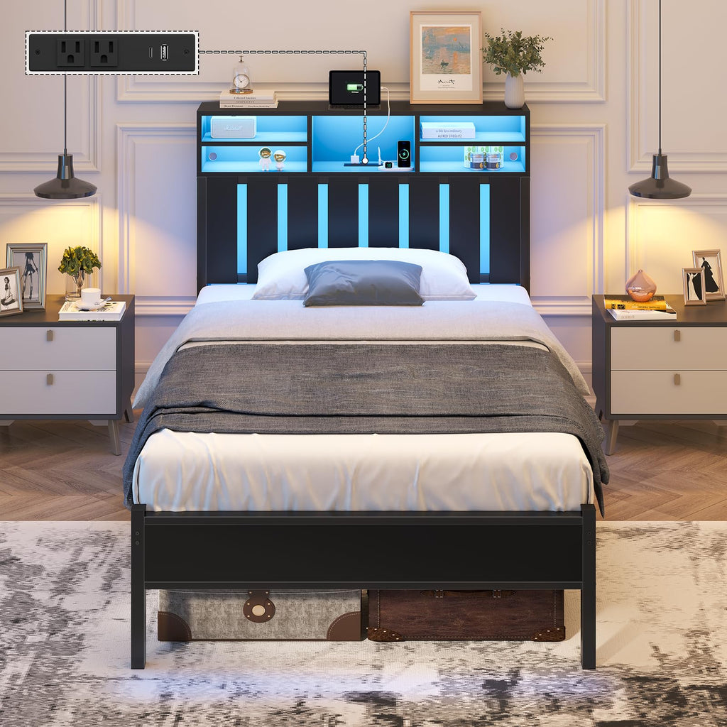 Twin Size Bed Frame with Storage Headboard and LED Lights H755