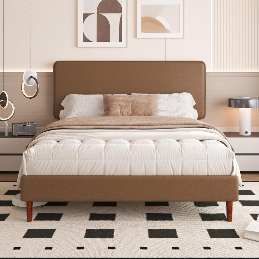 Brown Leather Full Size Platform Bed Frame J798249